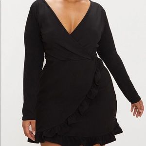 Plus Black Long Sleeve Ruffle Wrap Dress